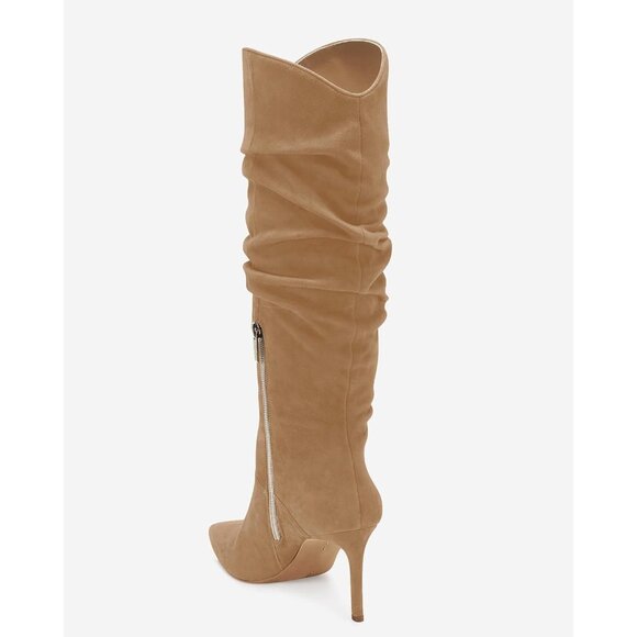 Womens Faux Suede Khaki Knee High Almond Toe Side Zipper Stiletto Heel Booties - Picture 6 of 6